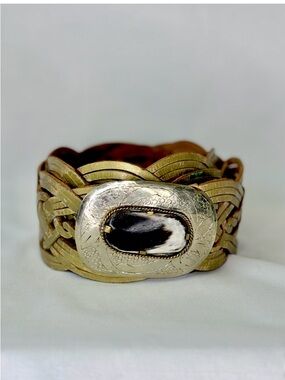 Miss June Handmade Gold Braided Leather Belt with Black and White Stone Buckle